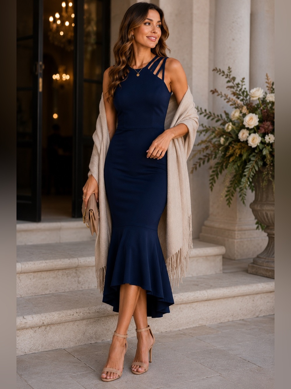 Navy Mermaid Midi Dress Size Medium Wedding Guest Cocktail Dress